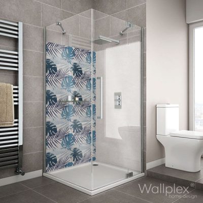Wallplex fürdőszobai dekorpanel Kék pálmalevelek zuhanyzó
