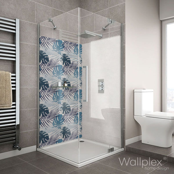 Wallplex fürdőszobai dekorpanel Kék pálmalevelek zuhanyzó
