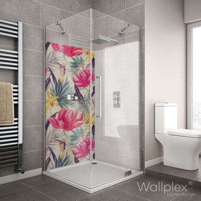 Wallplex fürdőszobai dekorpanel Trópusi virágok pink zuhanyzó