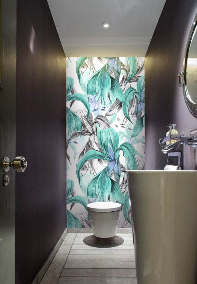 Wallplex fürdőszobai dekorpanel Trópusi virágok türkiz mellékhelyiség